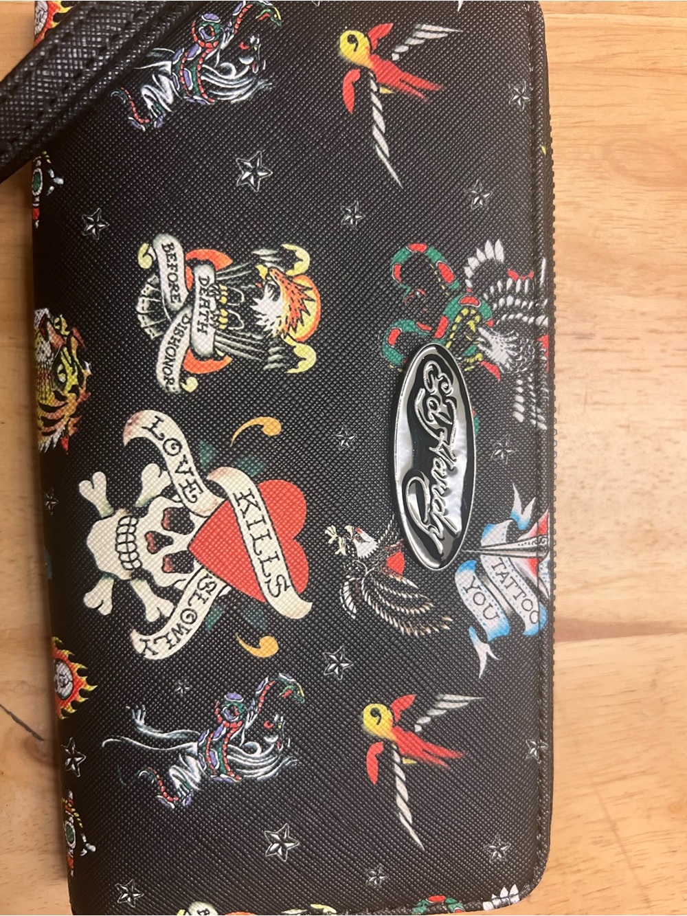 Ed Hardy Black Tattoo-Print Zip Wallet with Multicolor Accents